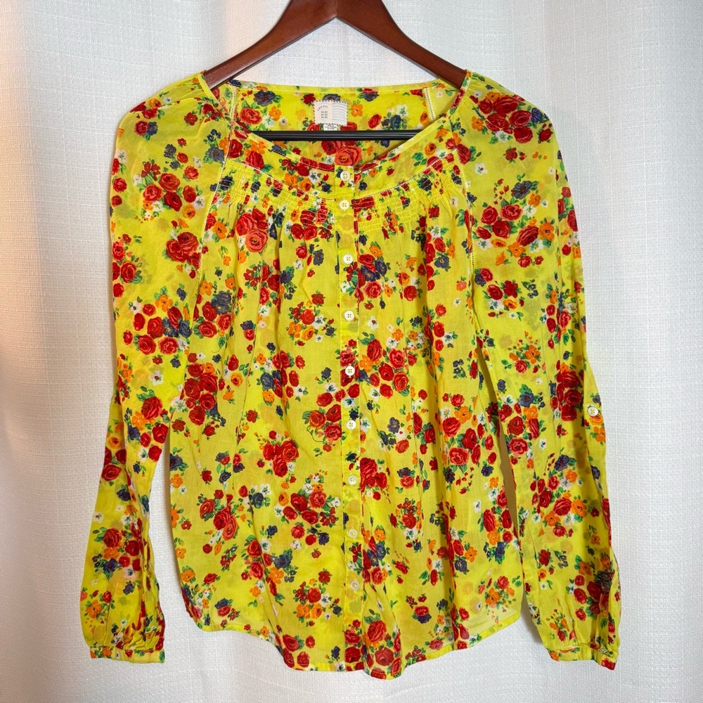 Anthropologie Yellow Floral Button-Up Peasant Blouse